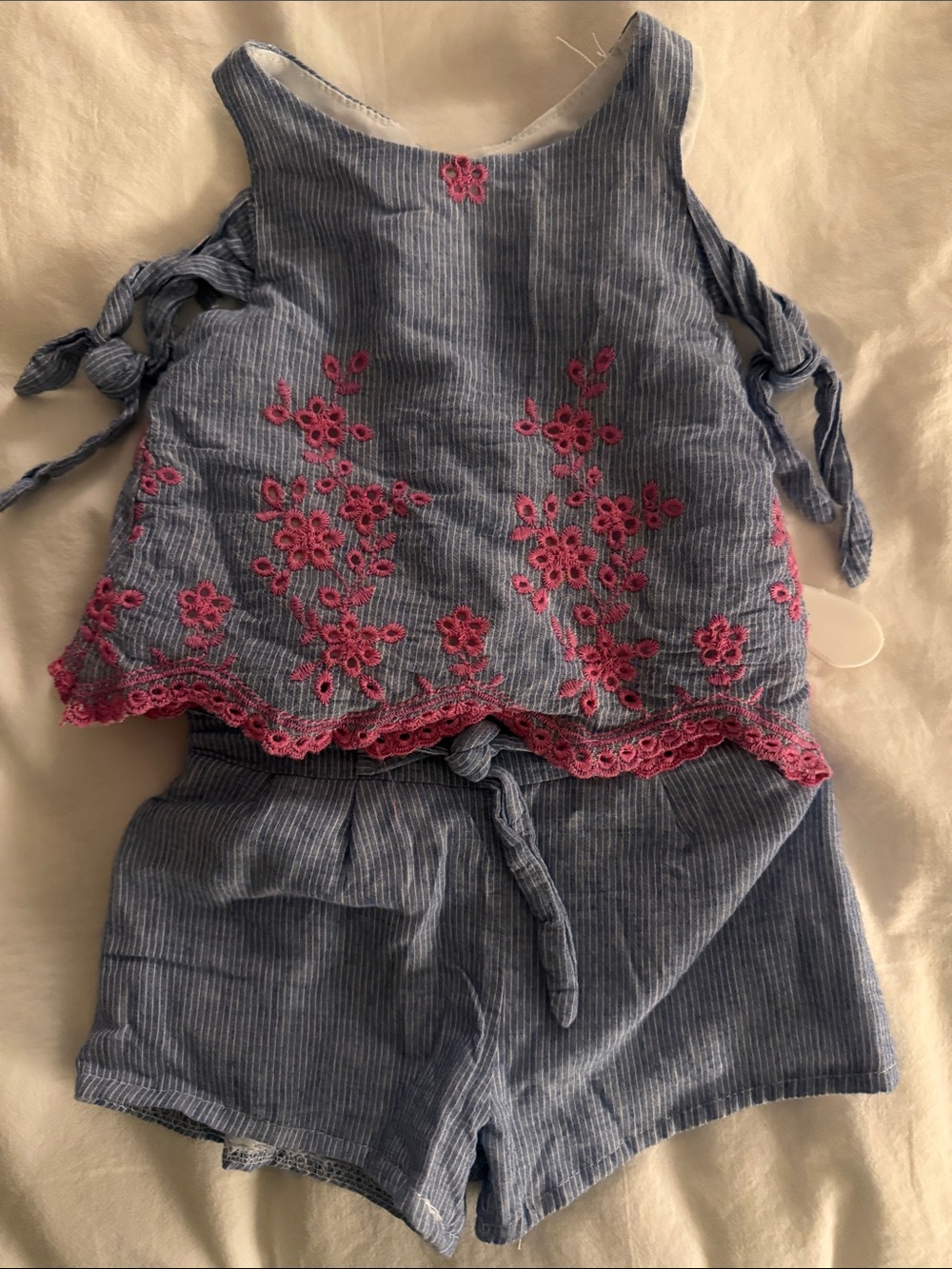 Girls Blue Pinstripe Tank & Short Set with Pink Floral Lace